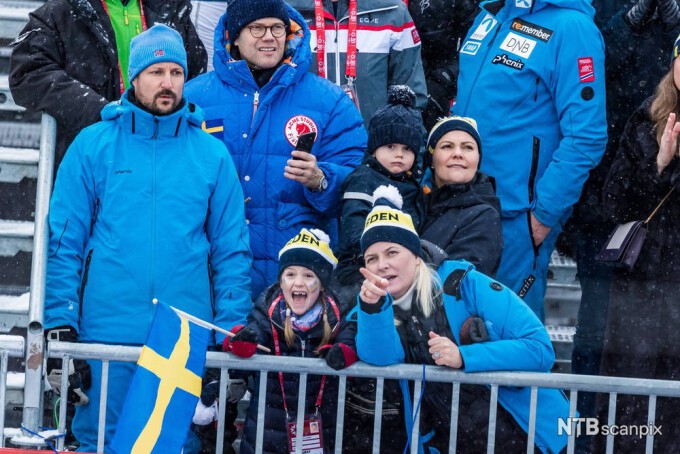 Kronprinsparet og den svenske Kronprinsessefamilien under kvinnenes superkombinasjon i Åre. Foto: Dana Press / NTB scanpix